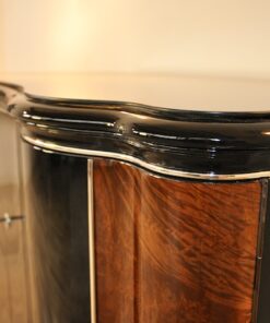 highgloss black, caucasian walnut wood, handpolished, chromebars, 2 big curved swing doors, glassplate