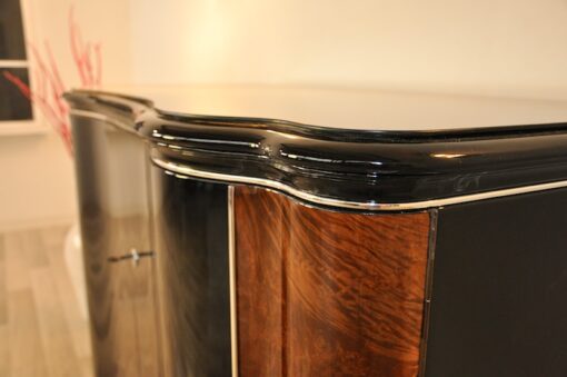 highgloss black, caucasian walnut wood, handpolished, chromebars, 2 big curved swing doors, glassplate