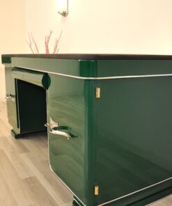 Classic Art Deco desk, chromefittings, Jaguar Green Edition, compartement with a mirror, topplate made of Alcantara-leather