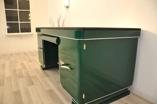 Classic Art Deco desk, chromefittings, Jaguar Green Edition, compartement with a mirror, topplate made of Alcantara-leather