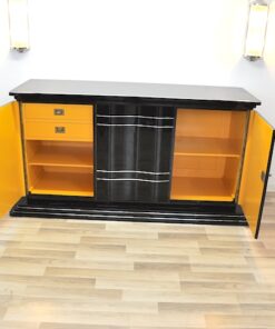 Art Deco SIdeboard, absolute classic, interior painted in NEW YORK yellow, handpolished, highgloss black, chromebars and chromed steelfittings