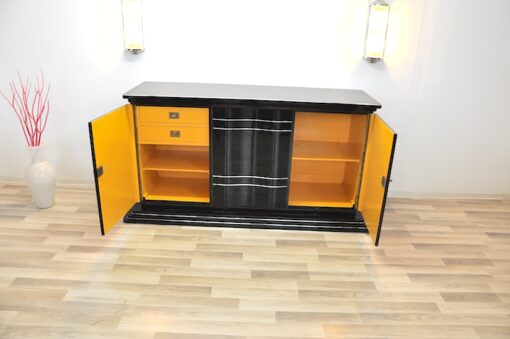 Art Deco SIdeboard, absolute classic, interior painted in NEW YORK yellow, handpolished, highgloss black, chromebars and chromed steelfittings