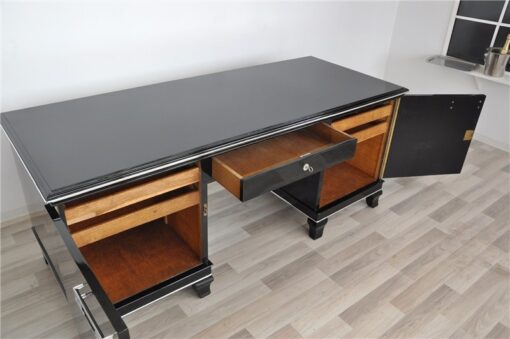 Art Deco Desk, classic Art Deco desk, france, 2 swing doors, clean interior, chromebands, chromefittings, handpolished