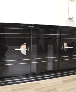 Art Deco SIdeboard, absolute classic, interior painted in NEW YORK yellow, handpolished, highgloss black, chromebars and chromed steelfittings