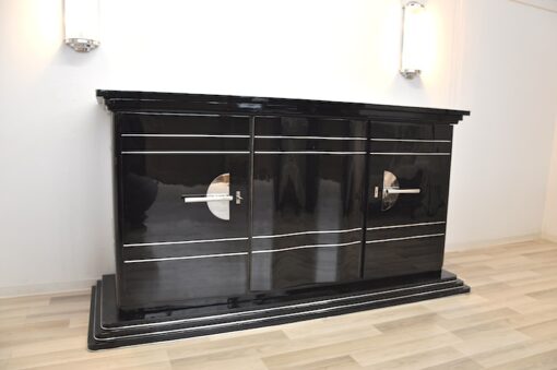 Art Deco SIdeboard, absolute classic, interior painted in NEW YORK yellow, handpolished, highgloss black, chromebars and chromed steelfittings