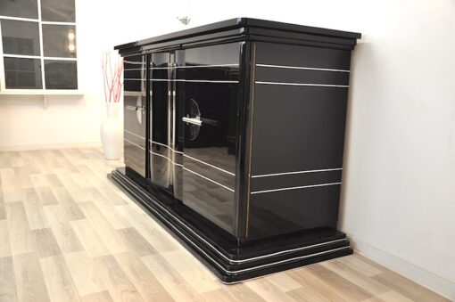 Art Deco SIdeboard, absolute classic, interior painted in NEW YORK yellow, handpolished, highgloss black, chromebars and chromed steelfittings