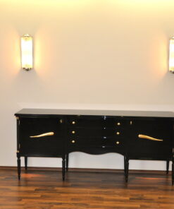 Art Deco Commode, highgloss / black, brass fittings, handpolished, 3 drawers, two shelves