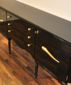 Art Deco Commode, highgloss / black, brass fittings, handpolished, 3 drawers, two shelves