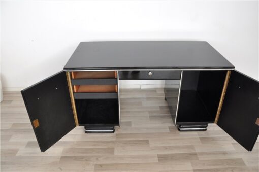 Art Deco desk, timeless design, pianolacquer with 12 layers, chromehandles, france 1940