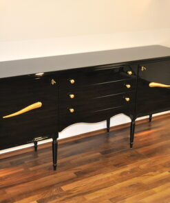 Art Deco Commode, highgloss / black, brass fittings, handpolished, 3 drawers, two shelves