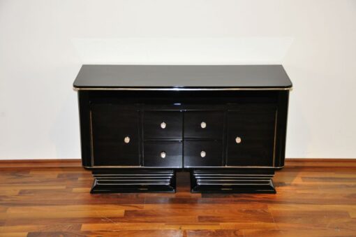 Art Deco Commode, straight body language, chromeliner, 4 drawers and 2 doors, black pianolacquer, handpolished