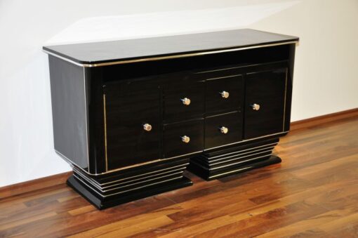 Art Deco Commode, straight body language, chromeliner, 4 drawers and 2 doors, black pianolacquer, handpolished