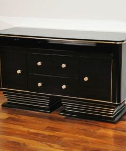 Art Deco Commode, straight body language, chromeliner, 4 drawers and 2 doors, black pianolacquer, handpolished