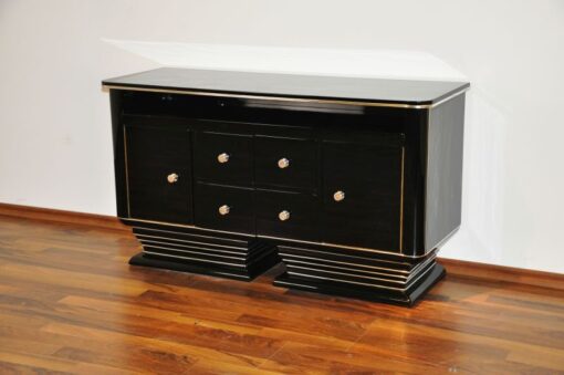 Art Deco Commode, straight body language, chromeliner, 4 drawers and 2 doors, black pianolacquer, handpolished