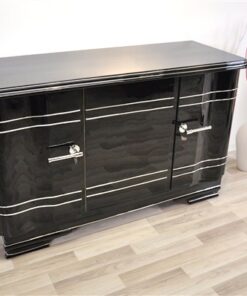 Art Deco Chromliner Sideboard, massive chromehandles, handpolished pianolacquer, timeless Design with curved doors