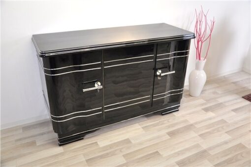 Art Deco Chromliner Sideboard, massive chromehandles, handpolished pianolacquer, timeless Design with curved doors