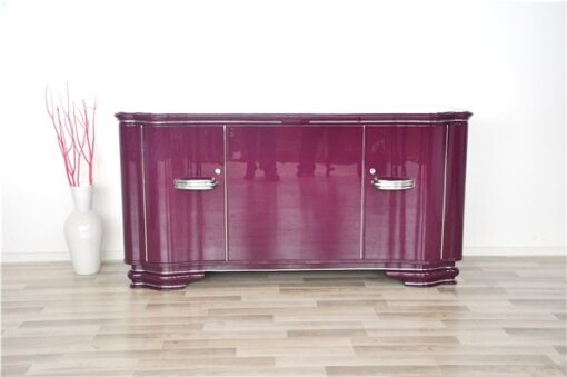 Art Deco Sideboard, highgloss lacquer in purple, chromapplications, extension with black lacobel plate, clean interior