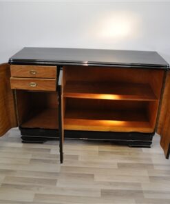 Art Deco Chromliner Sideboard, massive chromehandles, handpolished pianolacquer, timeless Design with curved doors