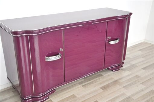 Art Deco Sideboard, highgloss lacquer in purple, chromapplications, extension with black lacobel plate, clean interior