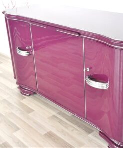 Art Deco Sideboard, highgloss lacquer in purple, chromapplications, extension with black lacobel plate, clean interior