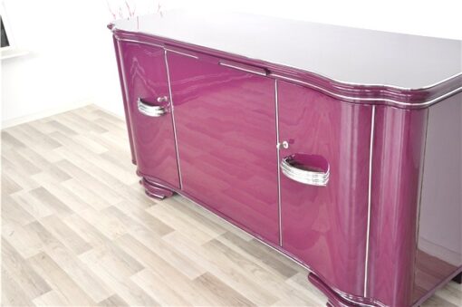 Art Deco Sideboard, highgloss lacquer in purple, chromapplications, extension with black lacobel plate, clean interior