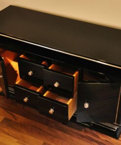 Art Deco Commode, straight body language, chromeliner, 4 drawers and 2 doors, black pianolacquer, handpolished