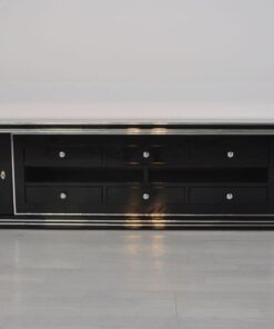 Art Deco Lowboard, Width 2,5m - with 2 doors and 6 drawers, chrome handles and original keys, highgloss black, handpolished