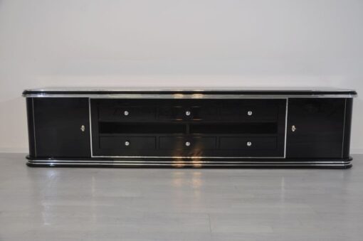 Art Deco Lowboard, Width 2,5m - with 2 doors and 6 drawers, chrome handles and original keys, highgloss black, handpolished