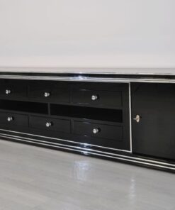 Art Deco Lowboard, Width 2,5m - with 2 doors and 6 drawers, chrome handles and original keys, highgloss black, handpolished