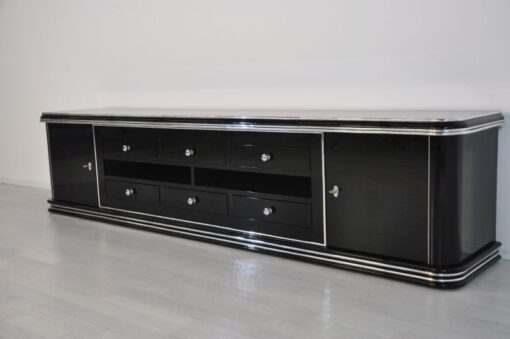 Art Deco Lowboard, Width 2,5m - with 2 doors and 6 drawers, chrome handles and original keys, highgloss black, handpolished