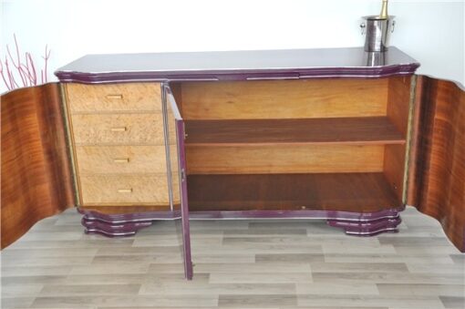 Art Deco Sideboard, highgloss lacquer in purple, chromapplications, extension with black lacobel plate, clean interior