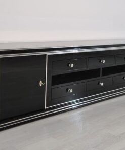 Art Deco Lowboard, Width 2,5m - with 2 doors and 6 drawers, chrome handles and original keys, highgloss black, handpolished