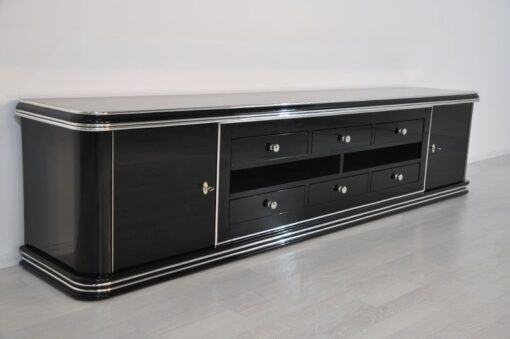 Art Deco Lowboard, Width 2,5m - with 2 doors and 6 drawers, chrome handles and original keys, highgloss black, handpolished