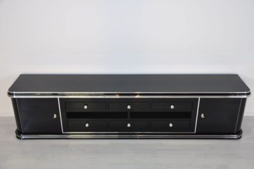 Art Deco Lowboard, Width 2,5m - with 2 doors and 6 drawers, chrome handles and original keys, highgloss black, handpolished