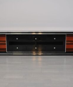 Art Deco Lowboard, Width 2,5m - with 2 doors and 6 drawers, chrome handles and original keys, highgloss black, handpolished