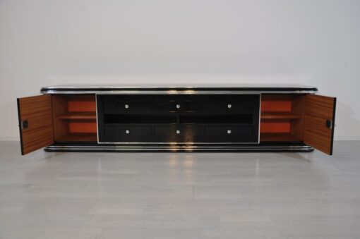 Art Deco Lowboard, Width 2,5m - with 2 doors and 6 drawers, chrome handles and original keys, highgloss black, handpolished