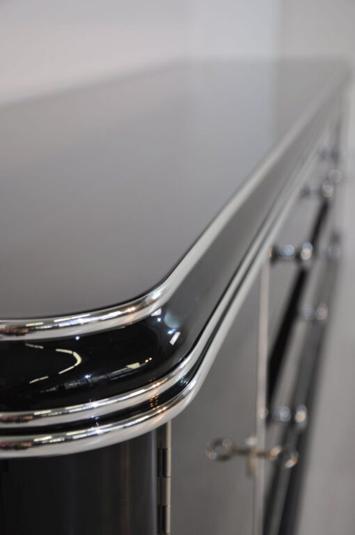 Art Deco Lowboard, Width 2,5m - with 2 doors and 6 drawers, chrome handles and original keys, highgloss black, handpolished