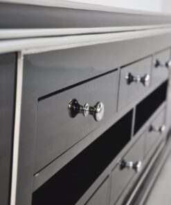 Art Deco Lowboard, Width 2,5m - with 2 doors and 6 drawers, chrome handles and original keys, highgloss black, handpolished