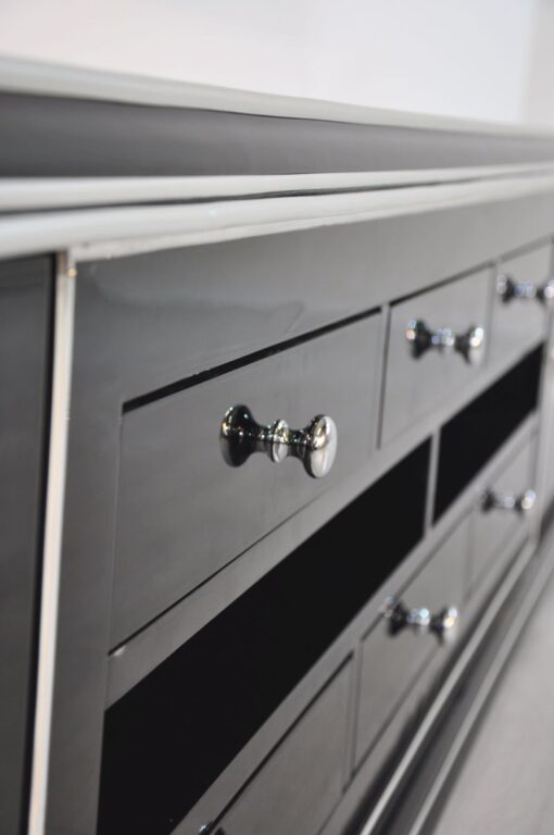 Art Deco Lowboard, Width 2,5m - with 2 doors and 6 drawers, chrome handles and original keys, highgloss black, handpolished