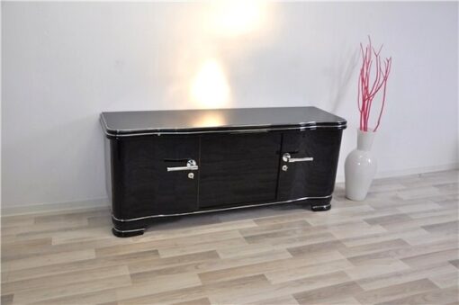 Art Deco Lowboard, highgloss black pianolacquer, handpolished, 12 layers of lacquer, big chromehandles, clean interior