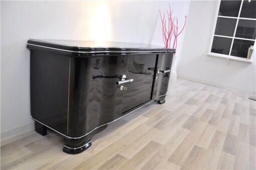 Art Deco Lowboard, highgloss black pianolacquer, handpolished, 12 layers of lacquer, big chromehandles, clean interior