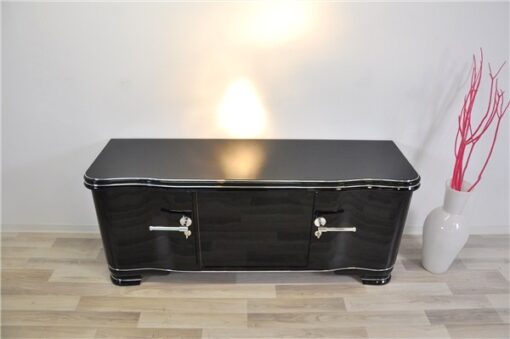 Art Deco Lowboard, highgloss black pianolacquer, handpolished, 12 layers of lacquer, big chromehandles, clean interior