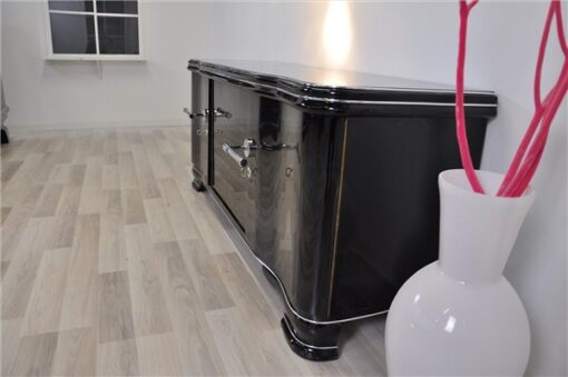 Art Deco Lowboard, highgloss black pianolacquer, handpolished, 12 layers of lacquer, big chromehandles, clean interior