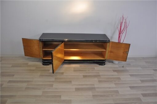 Art Deco Lowboard, highgloss black pianolacquer, handpolished, 12 layers of lacquer, big chromehandles, clean interior