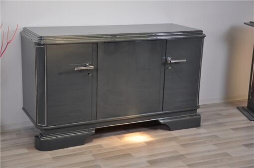 Art Deco Sideboard, france 1929, unique color - metallic grey, 3 curved doors, elegant design, chrome applications