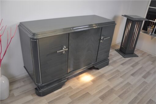 Art Deco Sideboard, france 1929, unique color - metallic grey, 3 curved doors, elegant design, chrome applications