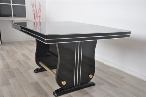 Art Deco Dining Table, highgloss black pianolacquer, great design with two brassrods, rotating chromelines, germany 1928