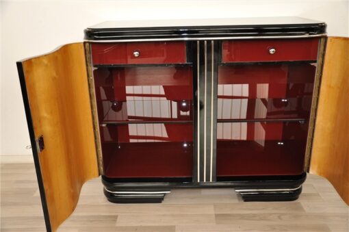 Art Deco Commode, exclusive red interior with glass shelves, France 1928, curved doors, chrome applications