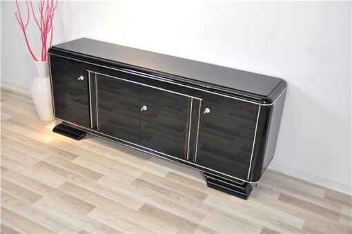 Art Deco Lowboard, black pianolacquer, lacobel glass plate, plenty storage and clean interior