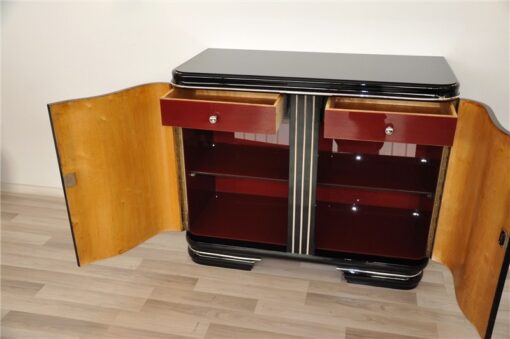 Art Deco Commode, exclusive red interior with glass shelves, France 1928, curved doors, chrome applications